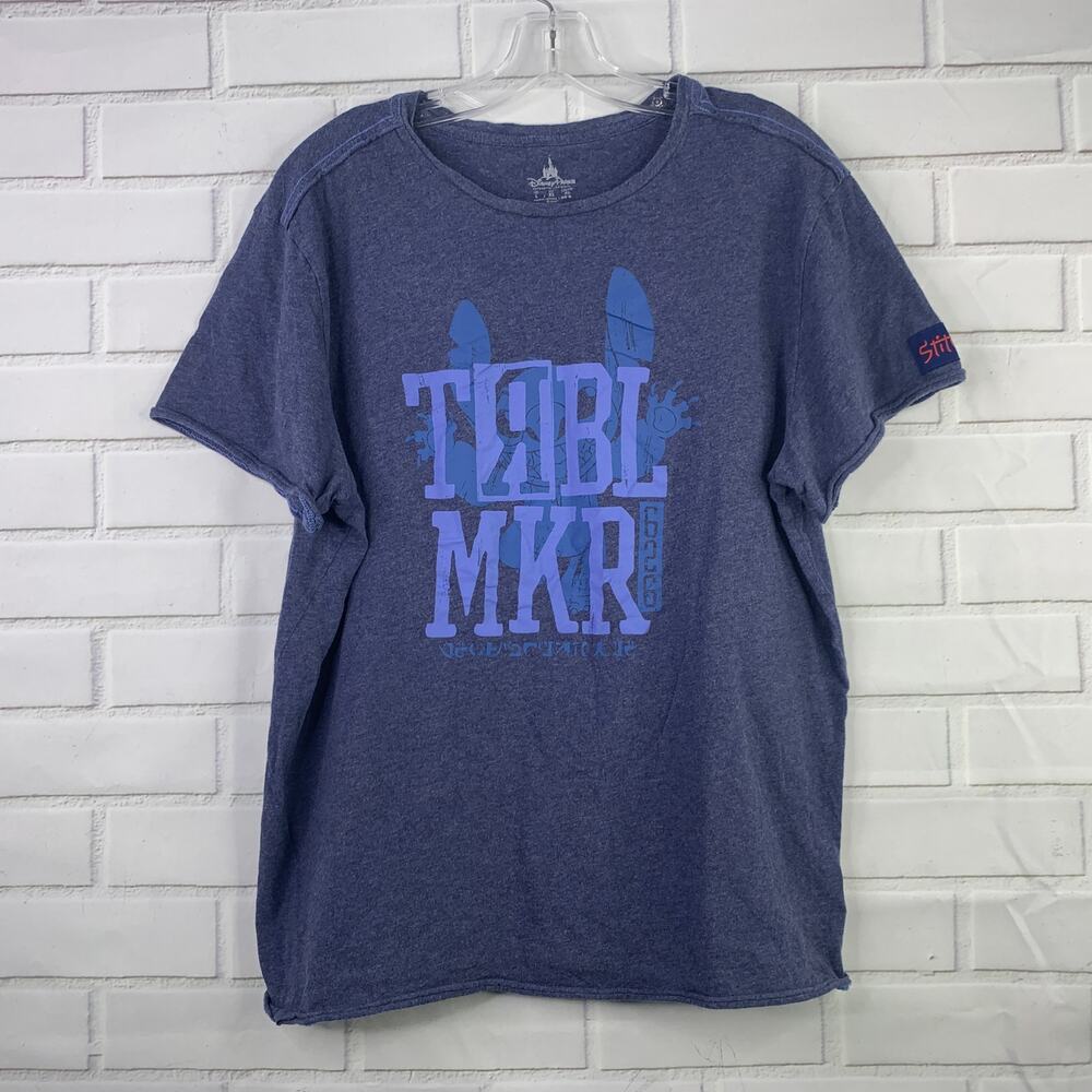Disney Parks Lilo & Stitch t-shirt TRBL MKR raw edge navy blue heather large